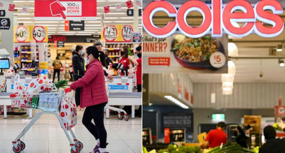 A Coles supermarket shopper pushing a trolley and right, a view inside a Coles store.