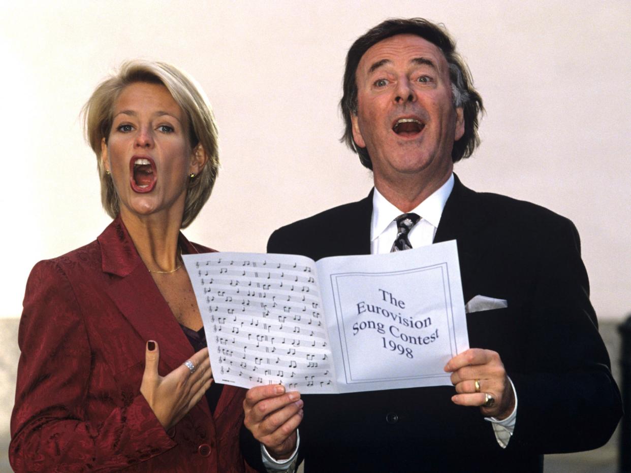 Ulrika Jonsson and Terry Wogan warming up for the 1998 Eurovision Song Contest (Tony Larkin/Rex)