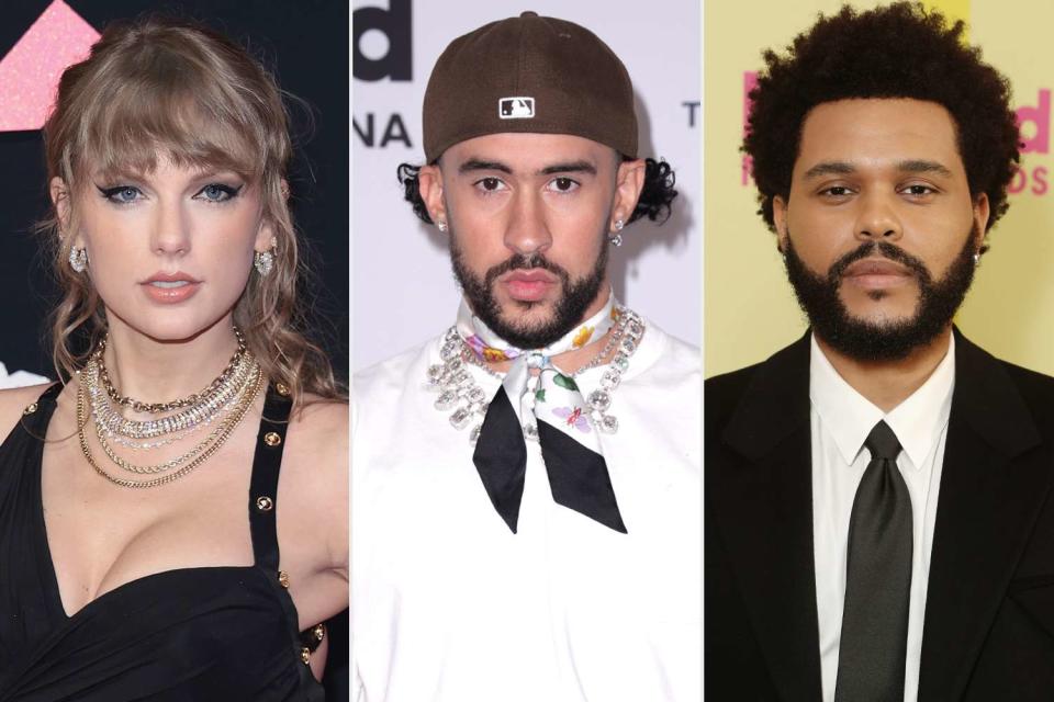 <p>Dimitrios Kambouris/Getty; John Parra/Telemundo via Getty; Todd Williamson/NBC/NBCU Photo Bank via Getty</p> Taylor Swift; Bad Bunny; The Weeknd