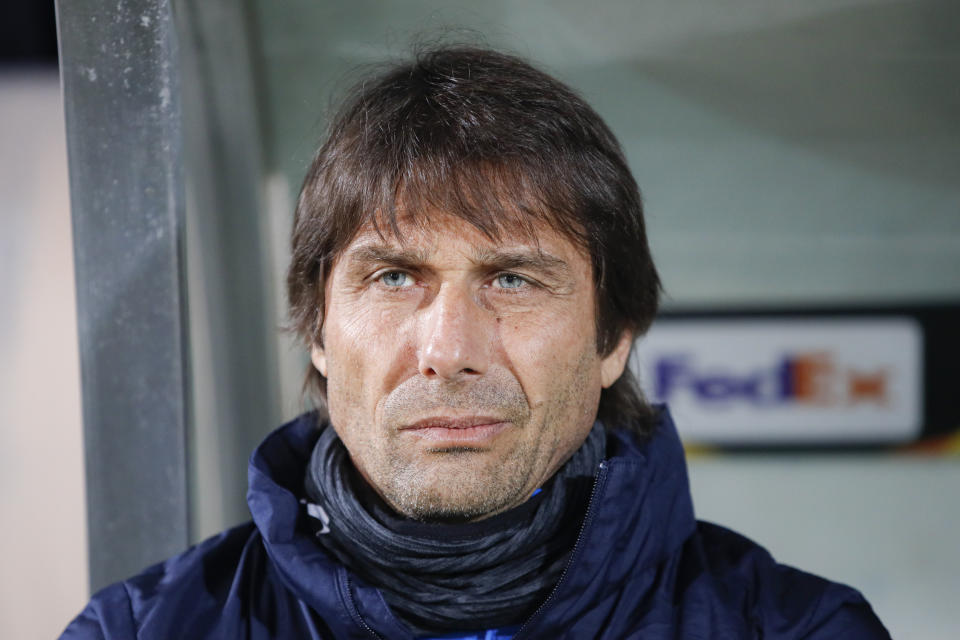 Inter Milan's head coach Antonio Conte sits on the bench before an Europa League, round of 32, first leg, soccer match between PFC Ludogorets Razgrad and Inter Milan at Huvepharma Arena in Razgrad, Bulgaria, Thursday, Feb. 20, 2020. (AP Photo/Vadim Ghirda)