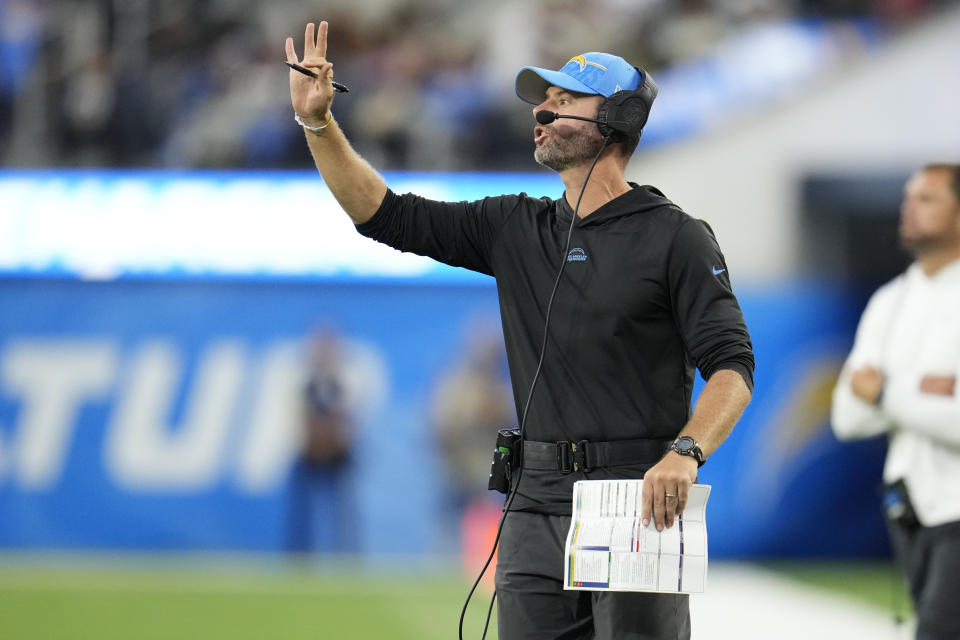 Los Angeles Chargers head coach Brandon Staley calls out from the sideline in the second half of an NFL football game against the New Orleans Saints in Inglewood, Calif., Sunday, Aug. 20, 2023. (AP Photo/Marcio Jose Sanchez)