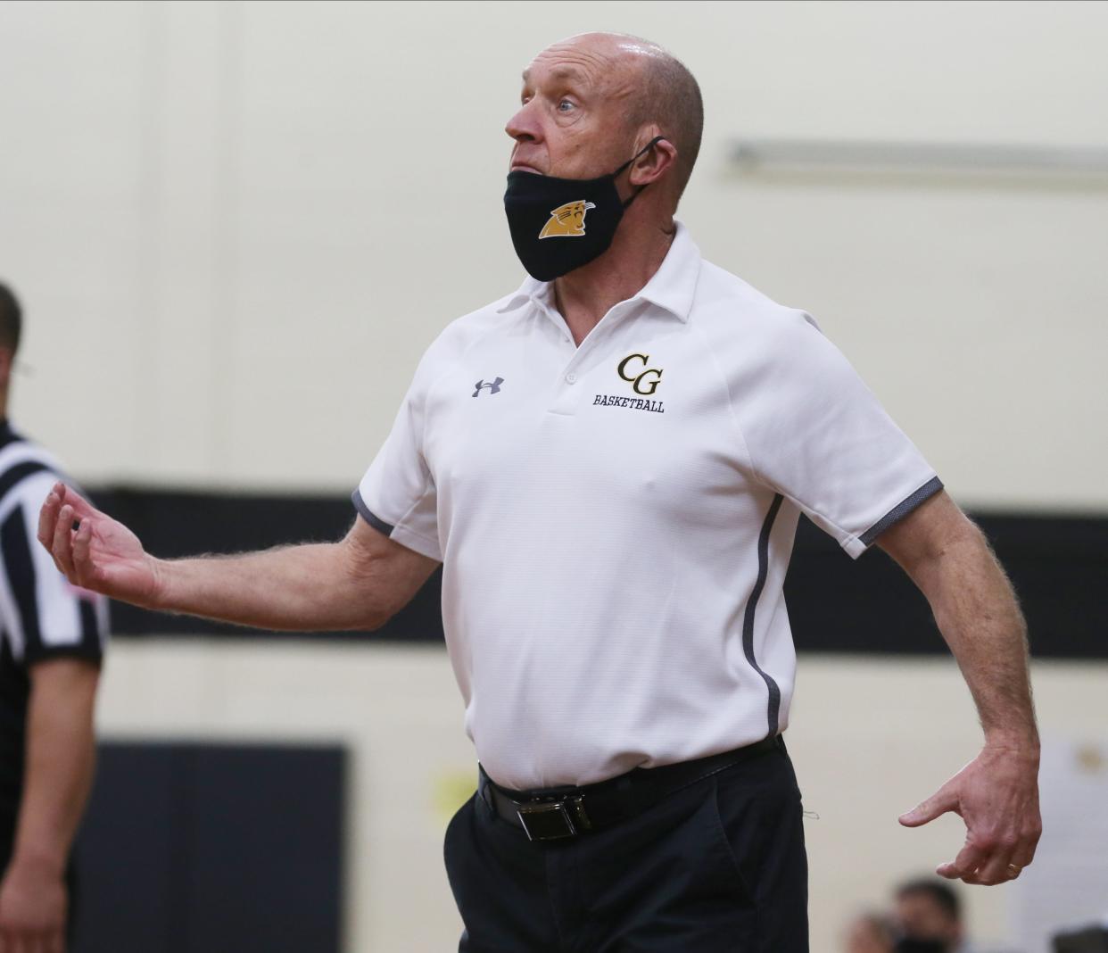 Cedar Grove coach Bill Scanlon in the second half as Cedar Grove topped Nutley in their final game of an undefeated season on March 6, 2021 in Cedar Grove, NJ.