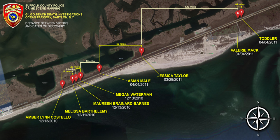 A graphic showing where and when the bodies of the victims of the Gilgo Beach serial killer were discovered.