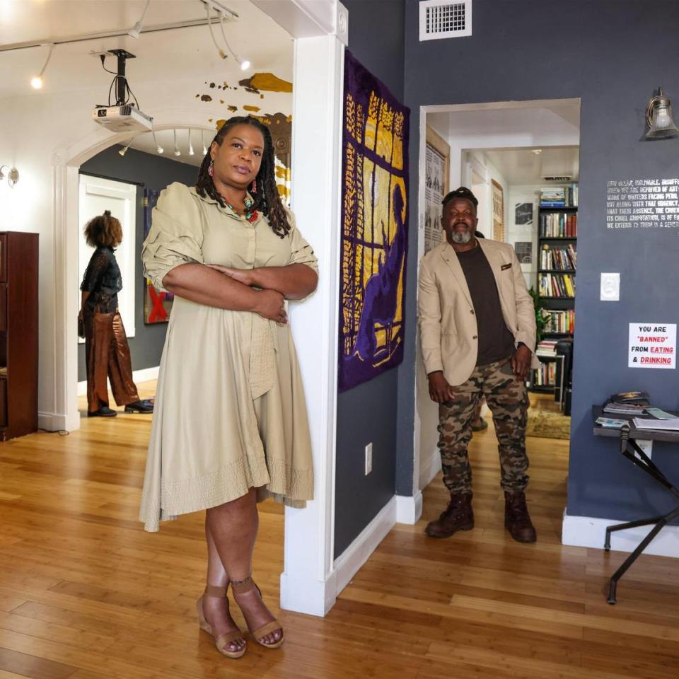 Black Archive executive director Kamila Prichett, center, and Bart Mervil, CEO of MUCE, right, have collaborated in the presentation of the exhibition “On the Ban Wagon: The Power of the Pen.”