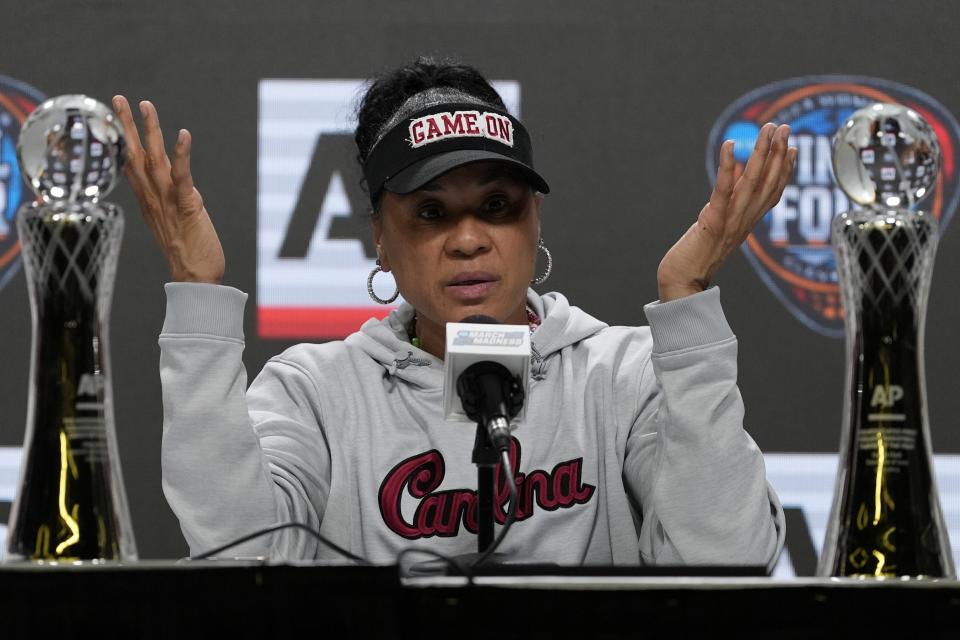 South Carolina head coach Dawn Staley speaks during a news conference announcing the AP NCAA Women's Coach of the Year Thursday, April 4, 2024, in Cleveland. (AP Photo/Morry Gash)