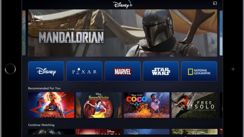 This image provided by Disney shows a product image of Disney Plus on a tablet. The video steaming s