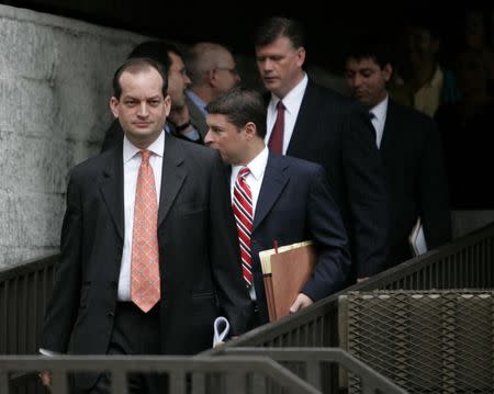 R. Alexander Acosta exits U.S. District Court with other attorneys at U.S. District Court in Fort Lauderdale, Florida June 19, 2008. REUTERS/Joe Skipper