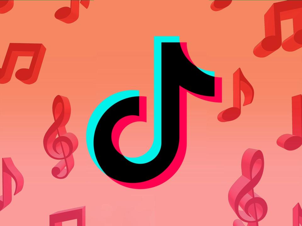 TikTok logo in front of a orange background with music notes
