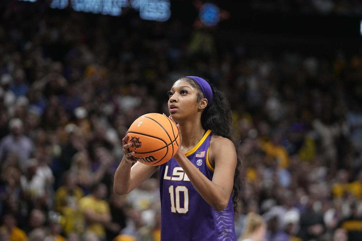 LSU's Angel Reese during the second half of the NCAA Women's Final Four championship basketball game against Iowa Sunday, April 2, 2023, in Dallas. (AP Photo/Darron Cummings)