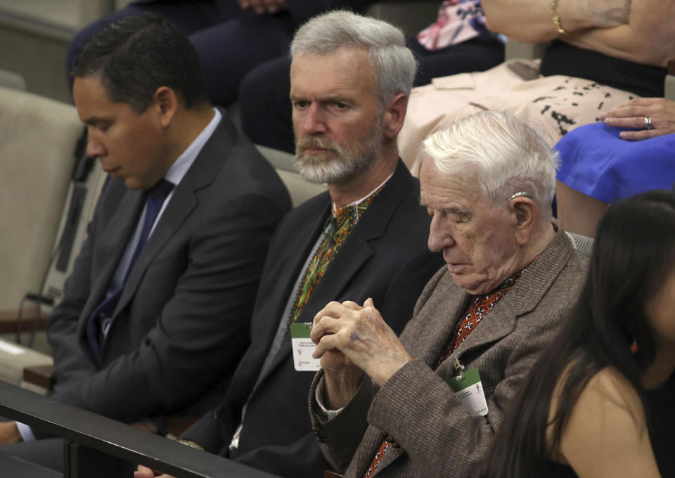 FILE - Yaroslav Hunka, right, waits for the arrival of Ukrainian President Volodymyr Zelenskyy in the House of Commons in Ottawa, Onatario, Friday, Sept. 22, 2023. Canadian Prime Minister Justin Trudeau apologized Wednesday, Sept. 27, for Parliament’s recognition of Hunka, who fought alongside the Nazis during last week’s address by Ukraine President Zelenskyy. “All of us who were in the House on Friday regret deeply having stood and clapped, even though we did so unaware of the context,” Trudeau said before entering the House of Commons. (Patrick Doyle/The Canadian Press via AP, File)