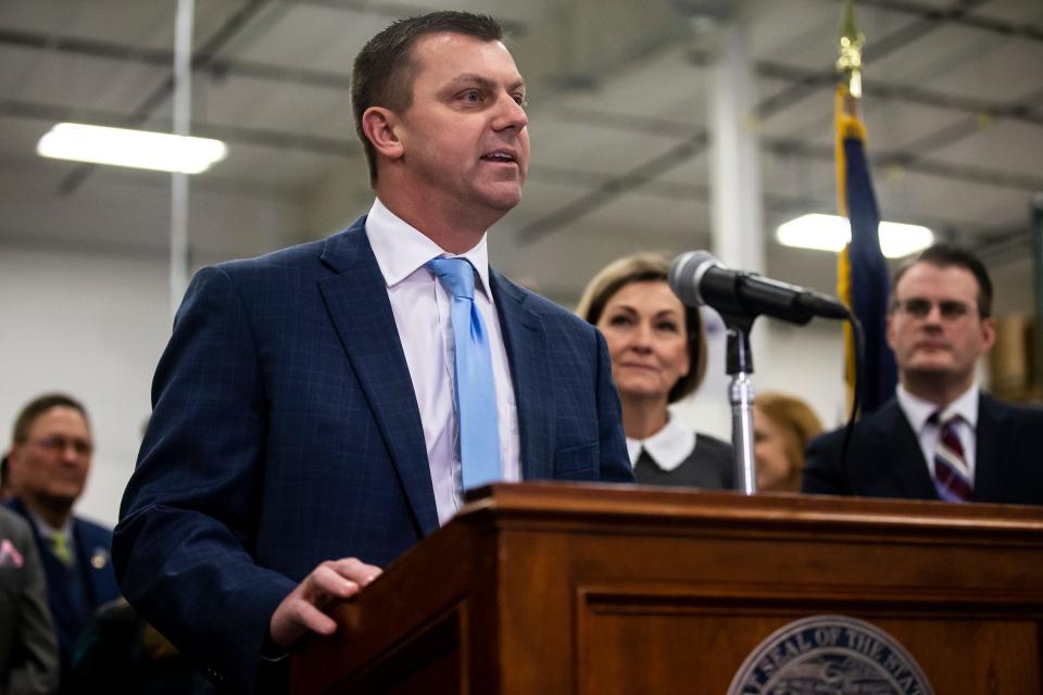 Senate Majority Leader Jack Whitver, R-Ankeny, gives remarks before the 3.9% flat tax is signed into law by Gov. Kim Reynolds, on Tuesday, March 1, 2022, at LBS, a bookbinding and packaging company in Des Moines.