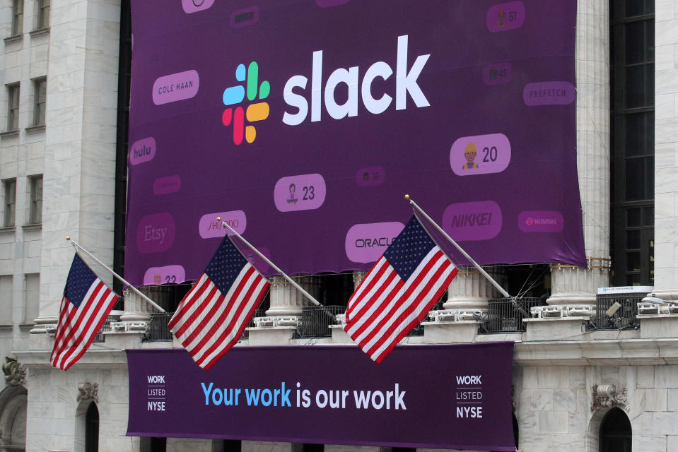 The Slack Technologies Inc. logo is seen on a banner outside the New York Stock Exchange (NYSE) during thew company's IPO in New York, U.S. June 20, 2019.  REUTERS/Brendan McDermid