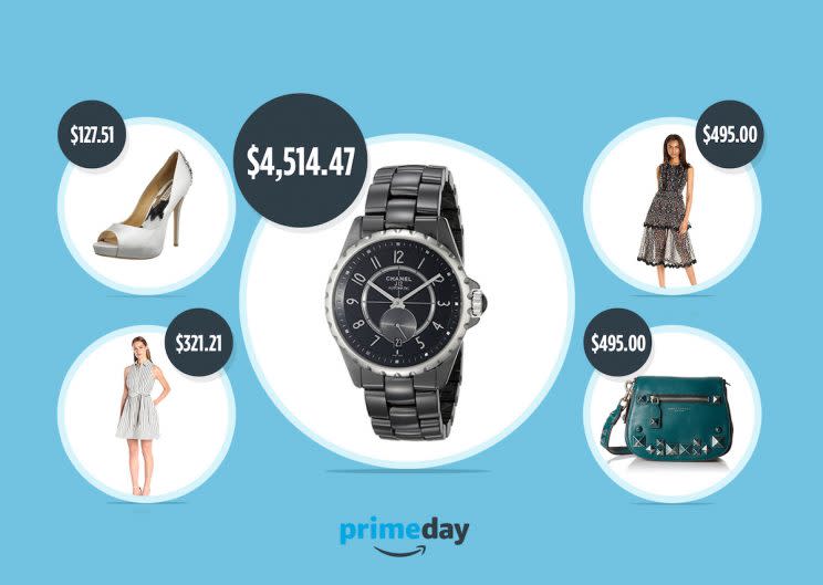 Amazon Fashion lists Prime Day deals, from left to right: Badgley Mischka shoes, a Milly dress, a Chanel watch, a Cynthia Rowley dress, and a Marc Jacobs purse. (Photos Courtesy of Amazon Fashion)