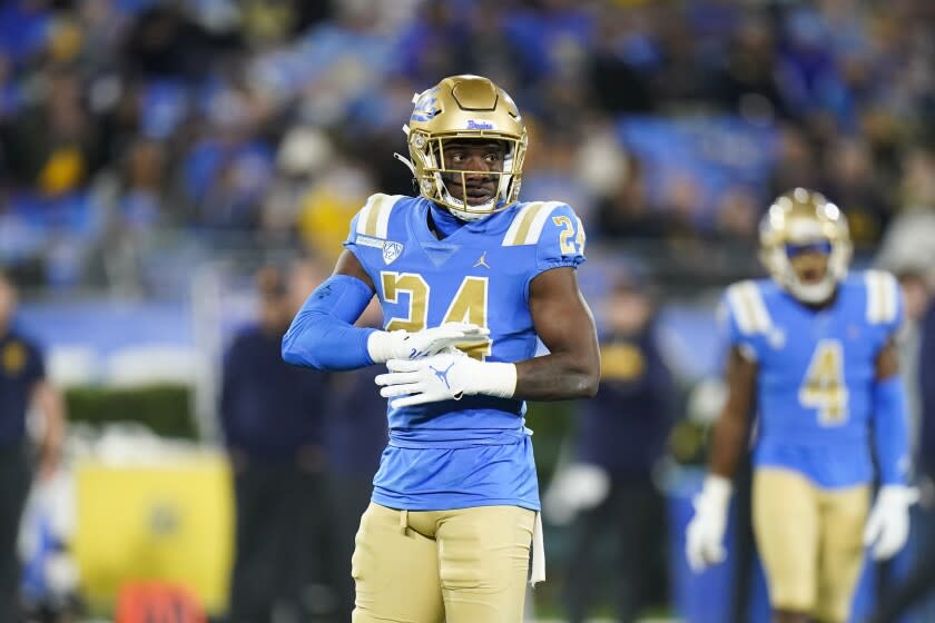 UCLA defensive back Qwuantrezz Knight stands on the field during the first half of an NCAA college football game against California Saturday, Nov. 27, 2021, in Pasadena, Calif. (AP Photo/Jae C. Hong)