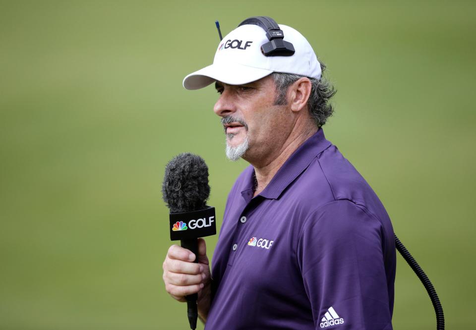 David Feherty broadcasts as on-course reporter for the Golf Channel and NBC Sports during round six of the World Golf Championship-Dell Match Play at the Austin Country Club in 2016.