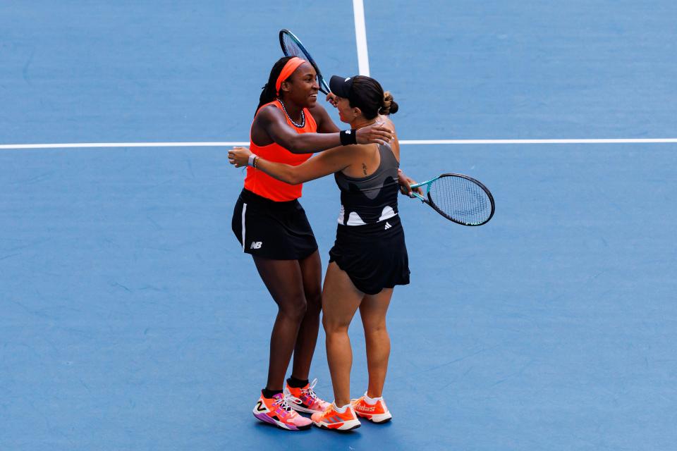 Apr 2, 2023; Miami, Florida, US; Coco Gauff and Jessica Pegula (both USA) celebrate after match point against Taylor Townsend (USA) and Leylah Fernandez (CAN) (both not pictured) in the womens doubles final on day fourteen of the Miami Open at Hard Rock Stadium. Mandatory Credit: Mike Frey-USA TODAY Sports