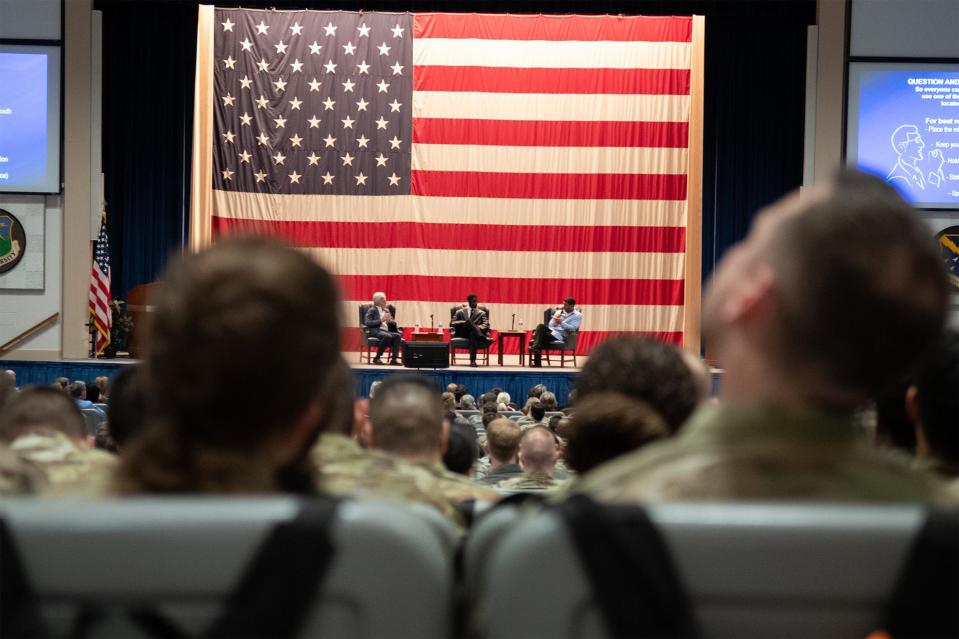 Masters of the Air producer, Kirk Saduski, and actors, Josiah Cross and Branden Cook talk on a panel at Maxwell Air Force Base, March 8, 2024. Prior to the viewing, a producer and cast members of the show were able to visit the 100th Fighter Squadron, located at Dannelly Field, Ala., to see a red-tail F-35 and a red-tail T-1 from the 99th Flying Training Squadron, a legacy Tuskegee Airmen squadron from Randolph Air Force Base, Tx.