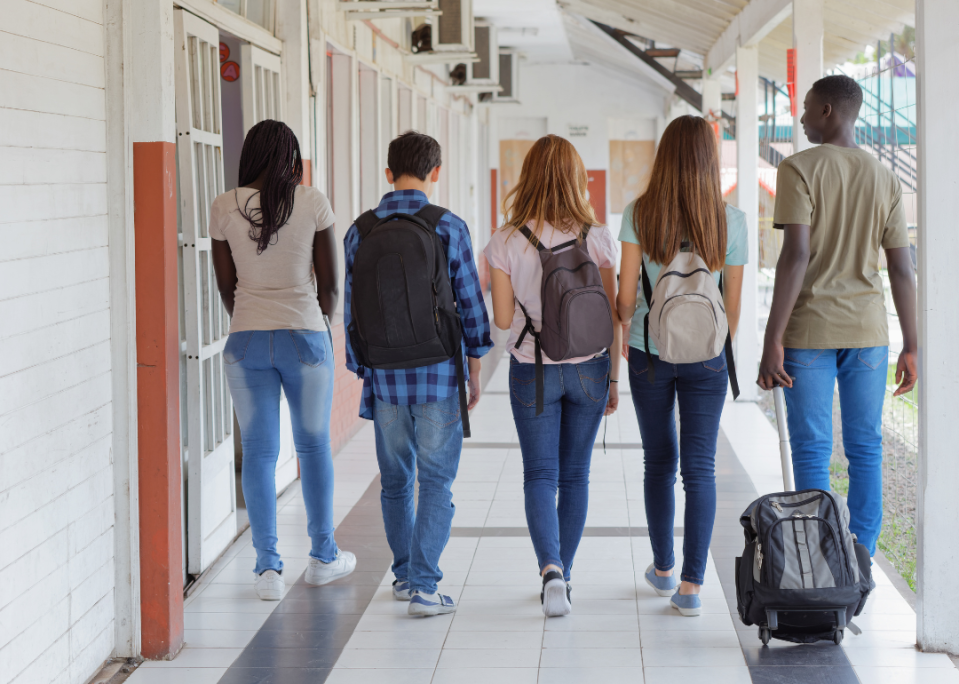 A group of students walking down the hall with their backs facing the camera.