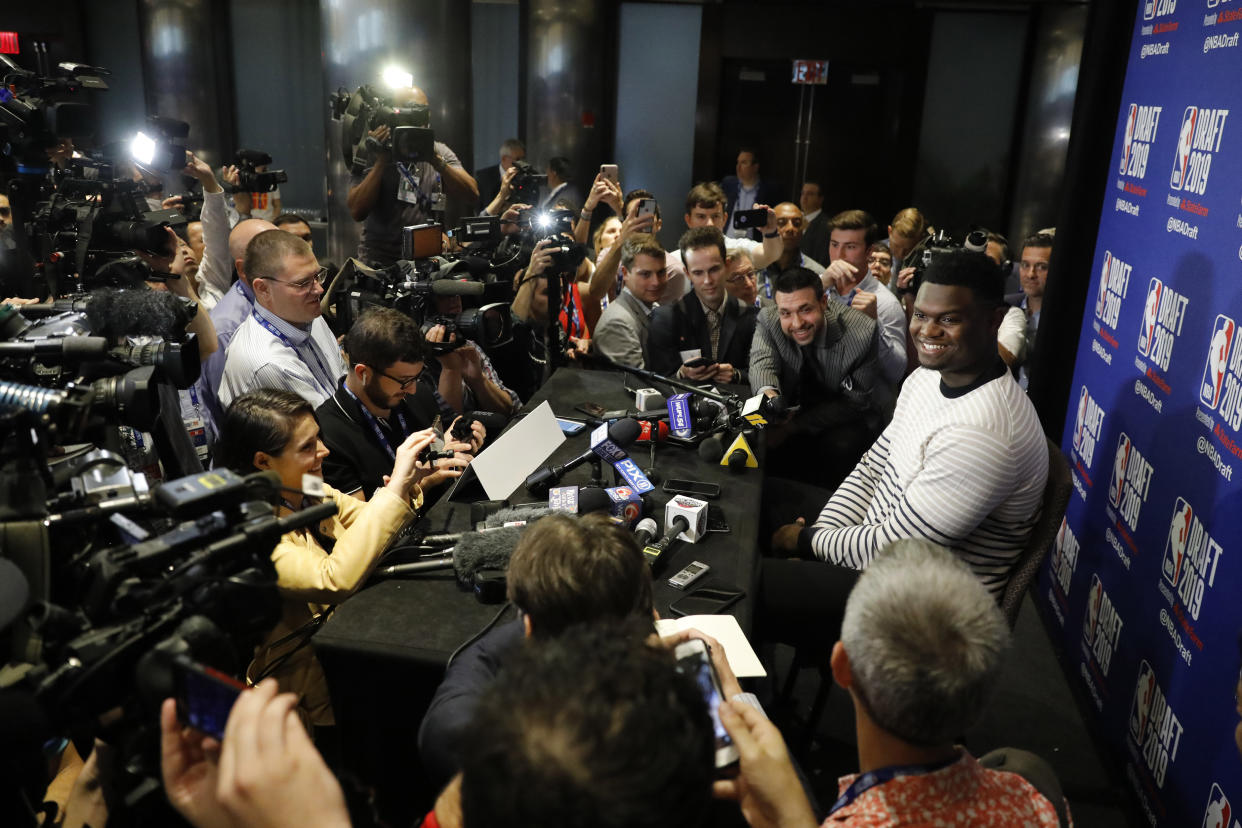 Zion Williamson, a freshman basketball player from Duke, attends the NBA Draft media availability, Wednesday, June 19, 2019 in New York. The draft will be held Thursday, June 20. (AP Photo/Mark Lennihan)