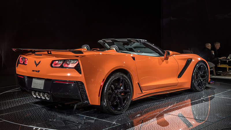 The 2019 Chevrolet Corvette ZR1 convertible at the 2017 LA Auto Show, rear three-quarter view.