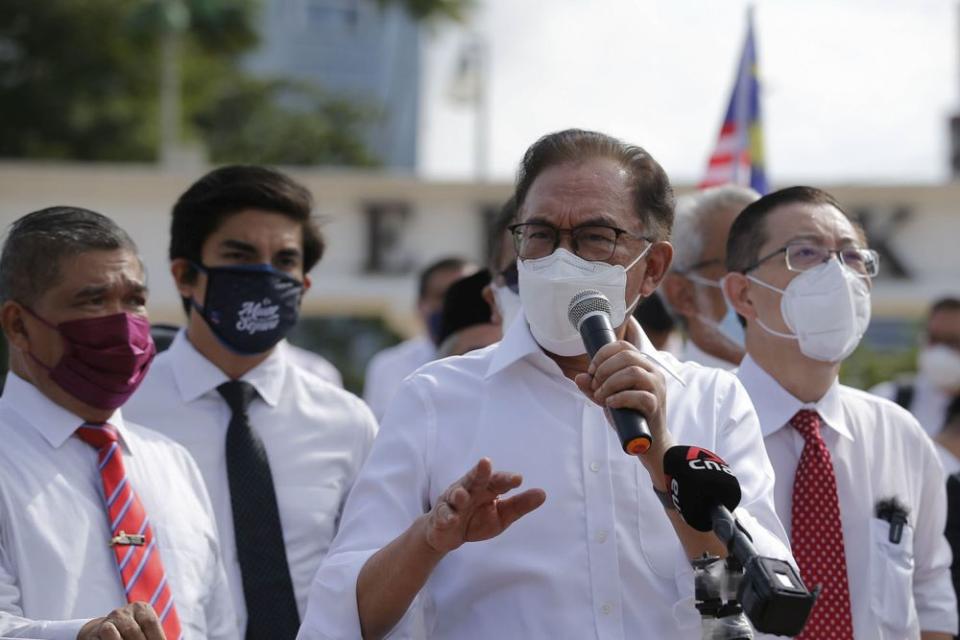 Port Dickson MP Datuk Seri Anwar Ibrahim addresses members of the media at the Merdeka Square in Kuala Lumpur August 2, 2021. — Picture by Hari Anggara