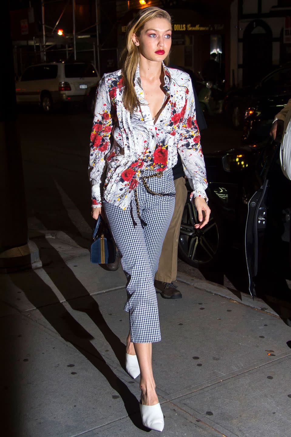 <p>In a Prada floral blouse, Miaou gingham pants and white Stella Luna shoes after a photoshoot in NYC. </p>