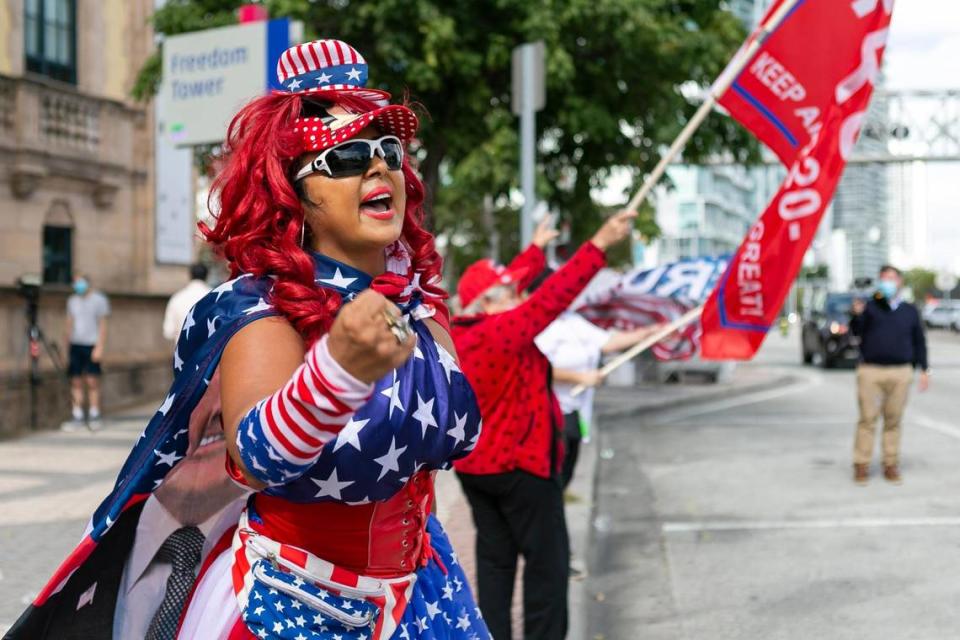 Suzy ‘La Diva for Trump’ Taylor attends a protest at the Freedom Tower in downtown Miami on Saturday, Jan. 16, 2021.