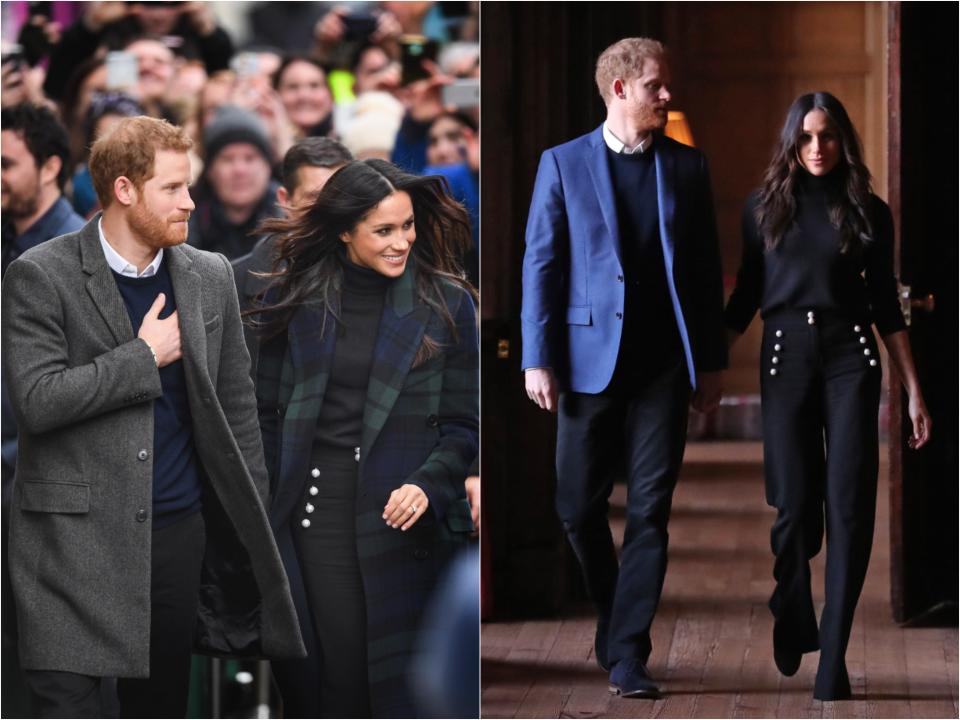 Side by side of Harry and Meghan in coats and sweaters outside next to their slightly differing outfits inside with Meghan having taken off her plaid coat to show an all black pant look.