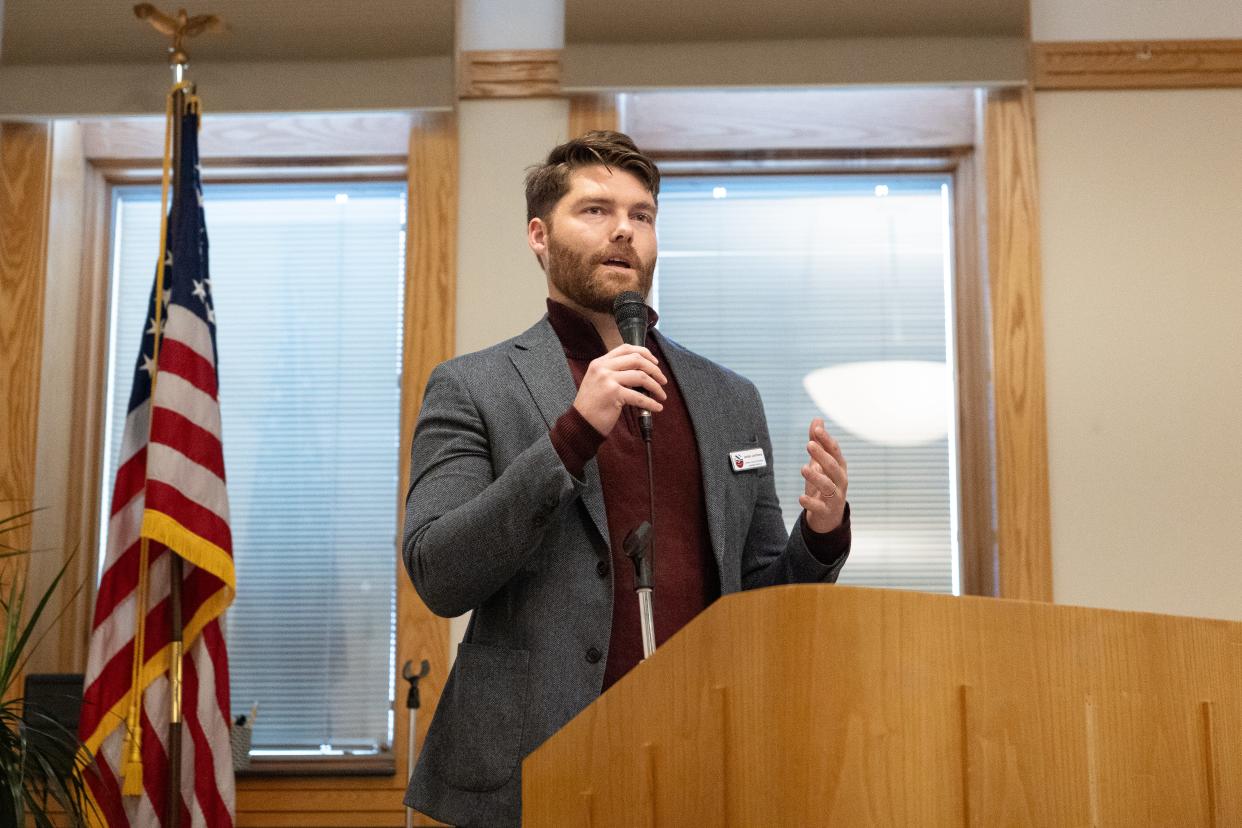 Jordan Jorritsma, a Republican and District 2 candidate speaks at the League of Women Voters Meet and Greet on April 18, 2024.