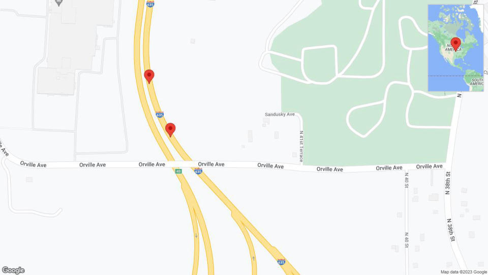 A detailed map that shows the affected road due to 'Broken down vehicle on northbound I-635 in Kansas City' on October 16th at 7:50 p.m.