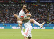 <p>Diego Costa celebrates with Isco scoring Spain’s first goal during the group B match against Iran </p>