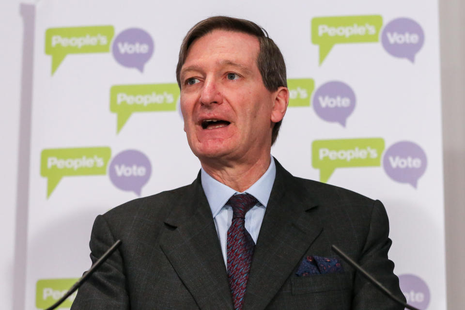  Dominic Grieve MP - Conservative former Attorney General is seen speaking at a People's Vote press conference in Westminster setting out an analysis of the different Brexit options facing Members of Parliament in indicative votes. British Prime Minister Theresa May told the backbench Tory MPs this evening that she will stand down if they back her EU withdrawal deal. (Photo by Dinendra Haria / SOPA Images/Sipa USA) 