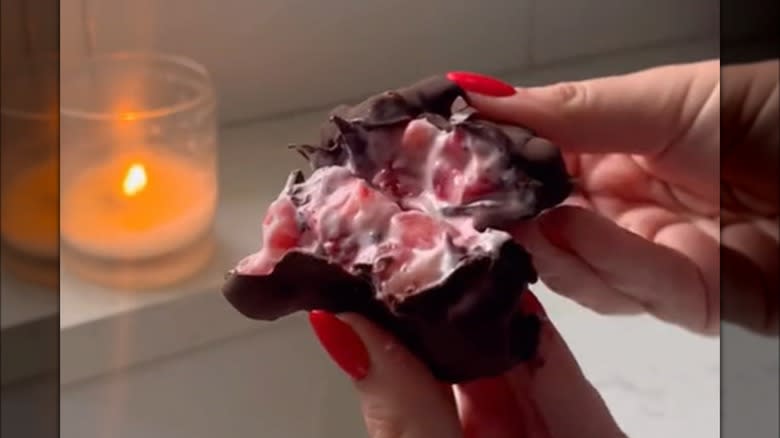 Hand holding a chocolate, yogurt, and strawberry cluster