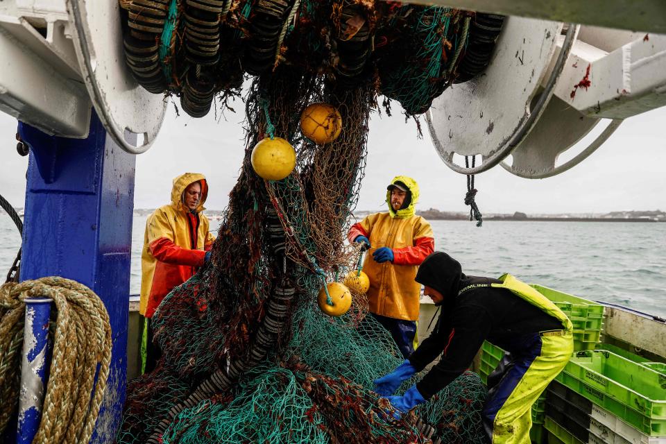 French fishermen gather in a net on their vessel near Saint HelierAFP via Getty Images