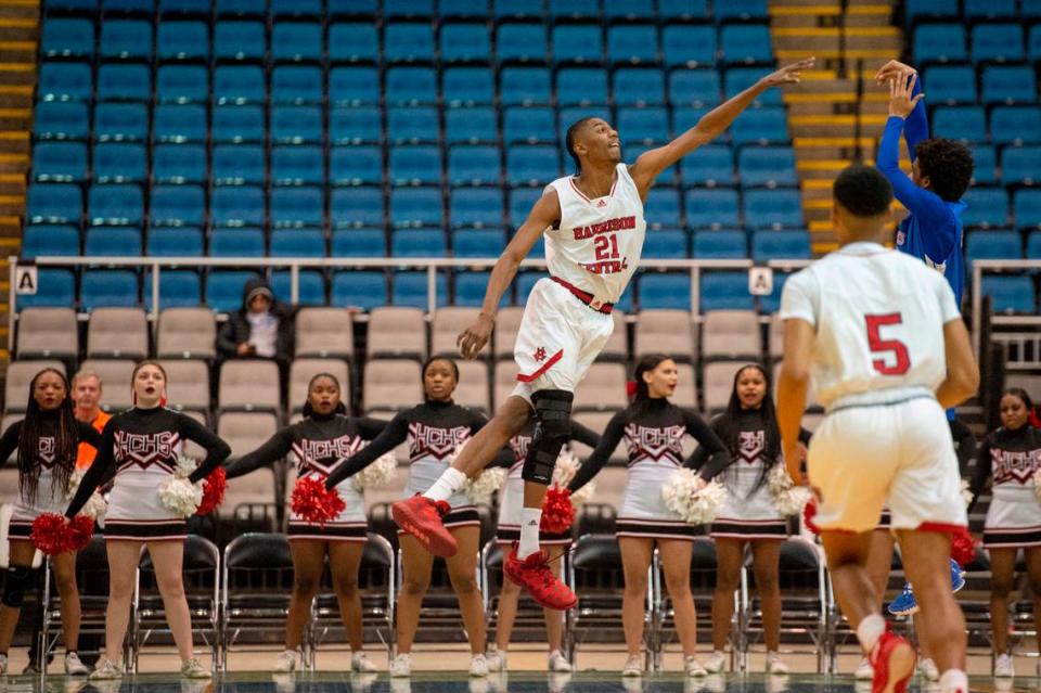 Harrison Central forward Sam Murray defends the ball from Pass Christian during Hoopsfest at the Mississippi Coast Coliseum in Biloxi on Saturday, Jan. 29, 2022.