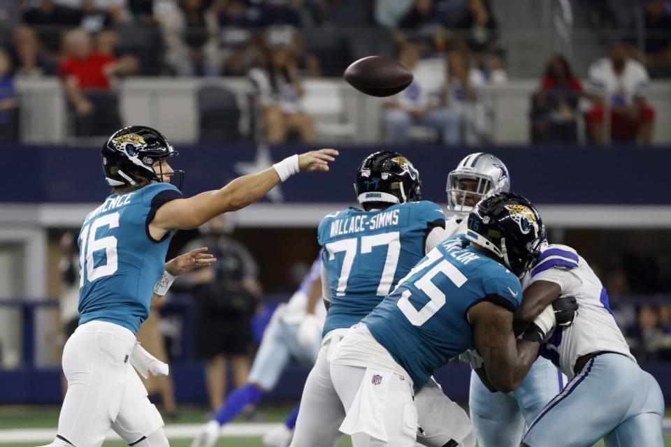 Jacksonville Jaguars quarterback Trevor Lawrence passes against the Dallas Cowboys on Aug. 29.