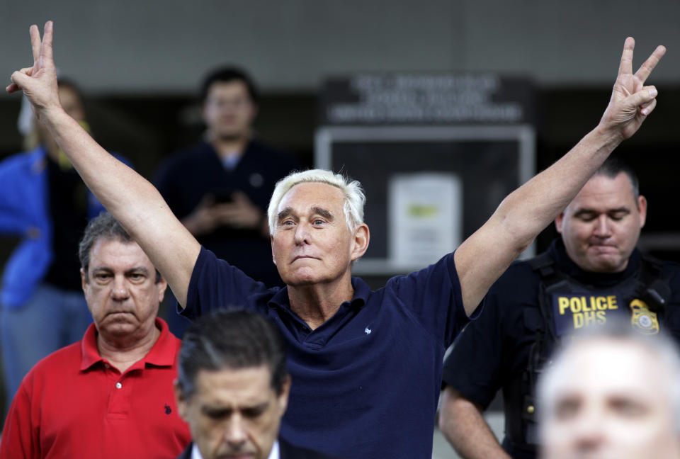 FILE - In this Jan. 25, 2019, file photo, former campaign adviser for President Donald Trump, Roger Stone walks out of the federal courthouse following a hearing in Fort Lauderdale, Fla. Stone was arrested Friday in the special counsel's Russia investigation and was charged with lying to Congress and obstructing the probe. (AP Photo/Lynne Sladky, File)