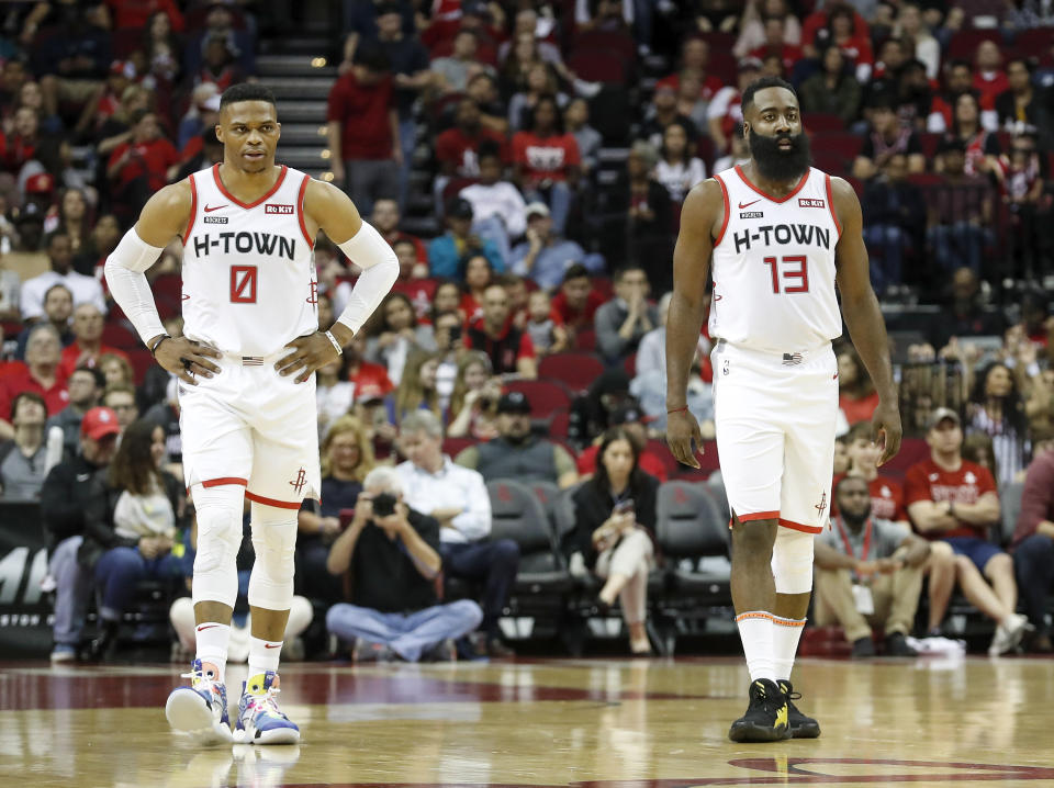 The fit between Russell Westbrook and James Harden is imperfect but explosive. (Tim Warner/Getty Images)