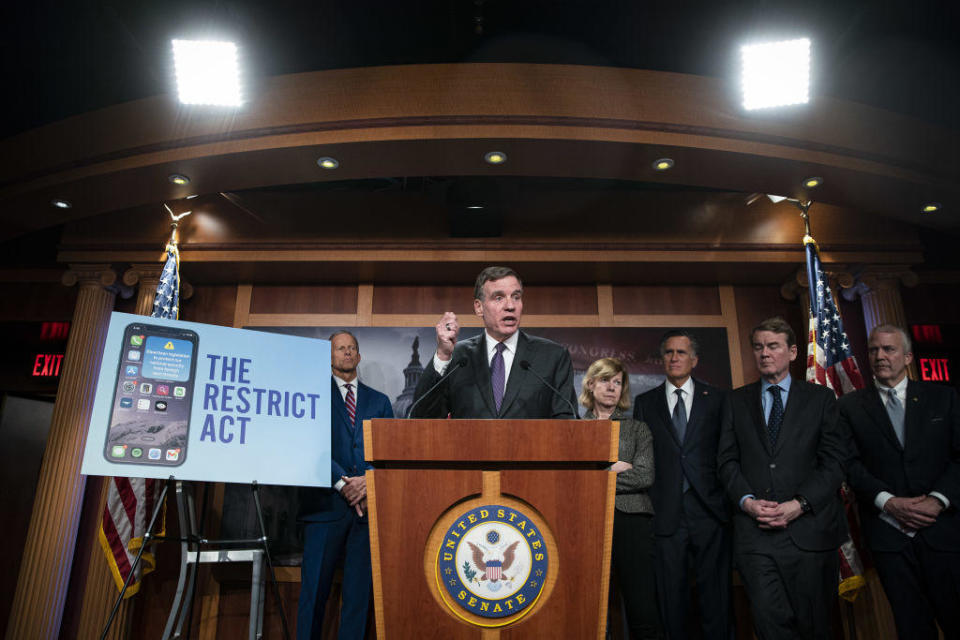 Sen. Mark Warner, a Democrat from Virginia, speaks during a news conference at the Capitol in Washington on Tuesday, March 7, 2023. / Credit: Al Drago/Bloomberg via Getty Images