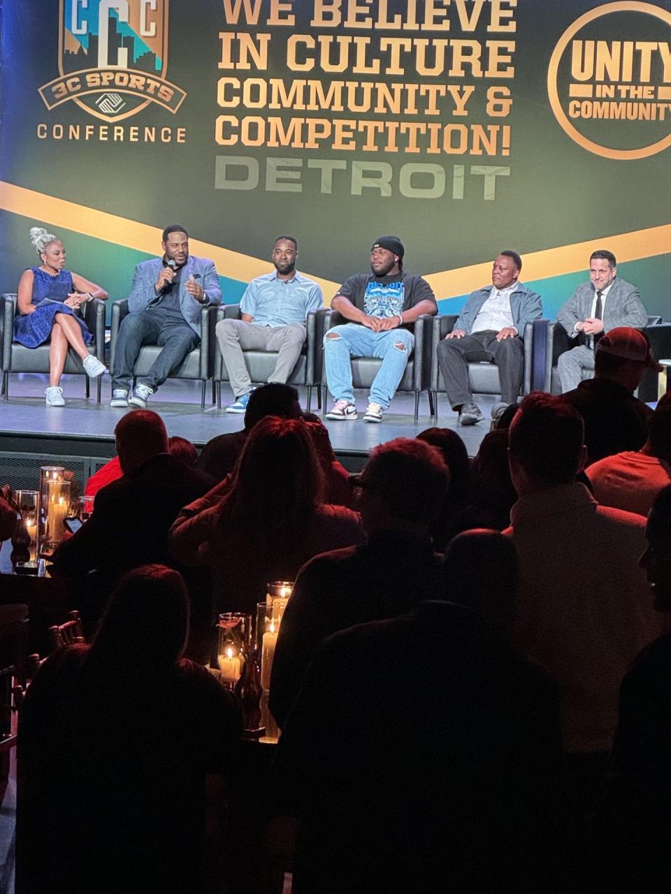 Journalist Jemele Hill, hall of famers Jerome Bettis and Calvin Johnson, Lions Defensive Lineman Alim McNeill, hall offFamer Barry Sanders and ESPN's Adam Schefter take part in a discussion during a VIP evening to kick off the Boys and Girls Clubs of Southeastern Michigan's NFL draft events.