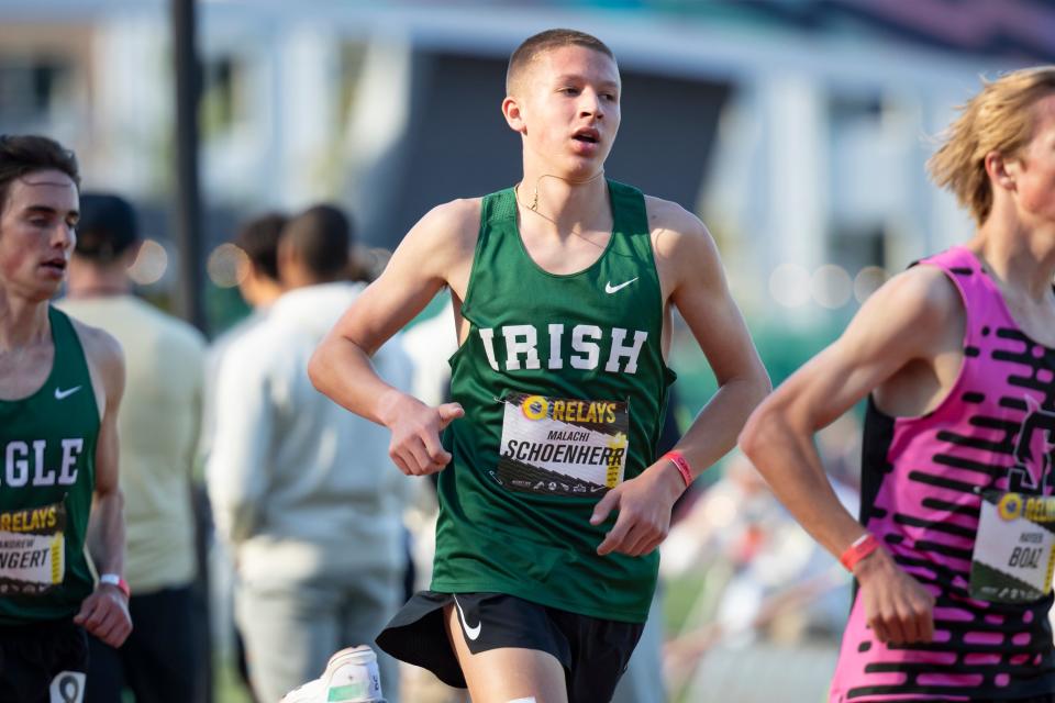 Sheldon’s Malachi Schoenherr competes in the boys 2 mile during the Oregon Relays Friday, April 19, 2024, at Hayward Field in Eugene, Ore.