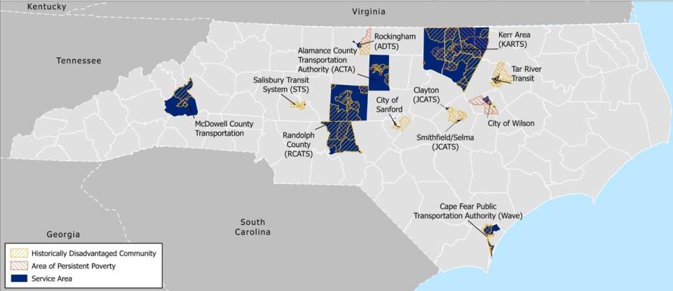 A map showing the 11 communities that will receive the $10.4 million from the U.S. Department of Transportation to expand on-demand transit.