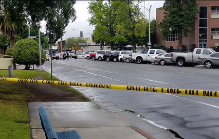 A road is blocked by police tape after a multiple victim shooting incident in downtown Fresno, California, U.S. April 18, 2017. Fresno County Sheriff/Handout via REUTERS