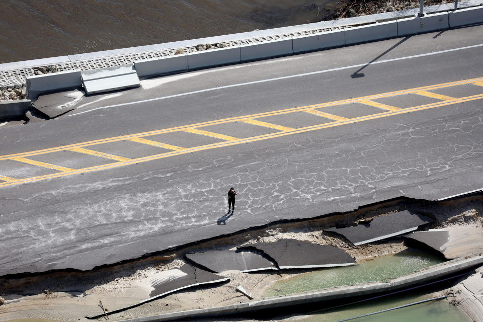 Parts of Sanibel Causeway are washed away along with sections of the bridge after Hurricane Ian passed through the area on Sept. 29 in Sanibel, Fla.<span class="copyright">Joe Raedle—Getty Images</span>