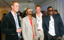 Prince William and Prince Harry do their best to look cool next to Kanye West and P Diddy (R) during a backstage party at Wembley Arena in July 2007 after the concert for their late mother Diana. (Carl de Souza/AFP)