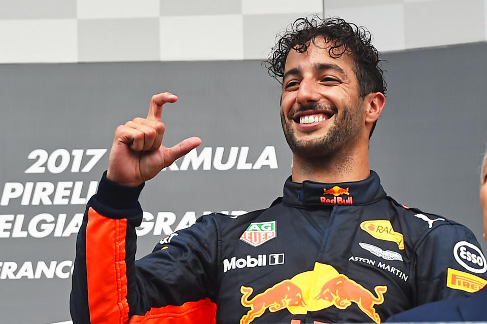 Red Bull driver Daniel Ricciardo celebrates his third-place finish at the 2017 Belgian Grand Prix