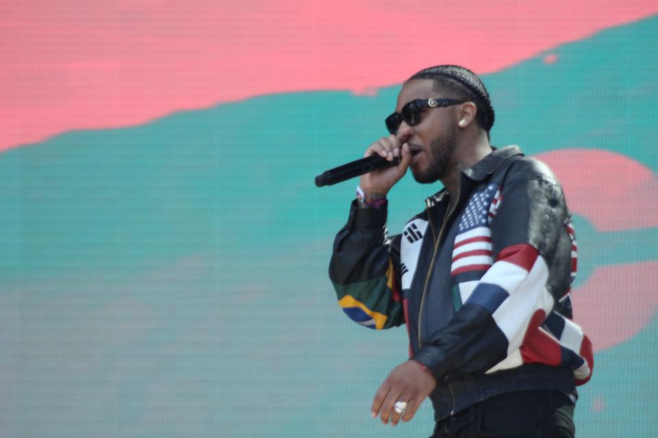 Cozz performs during Dreamville Festival at Dorothea Dix Park in Raleigh on Sunday, April 2, 2023.