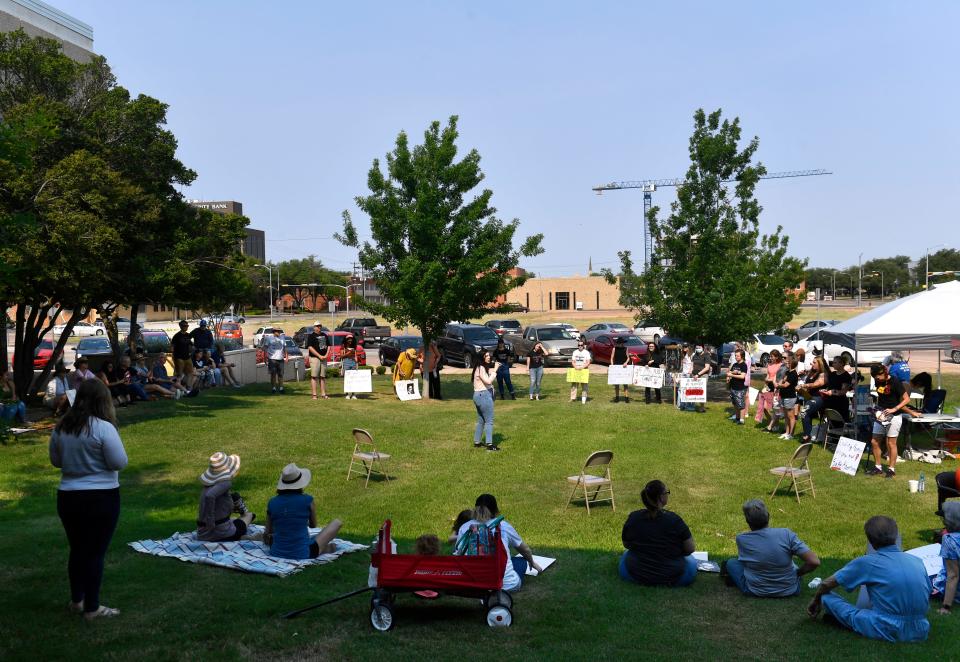 Taylor County Democratic Party Chairwoman Elizabeth Smyser opens last weekend's Abilene "Bans off our Bodies" Rally in front of Abilene City Hall.