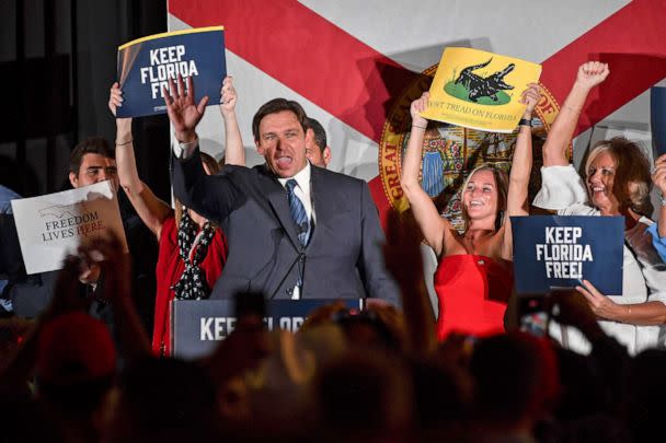 PHOTO: Republican gubernatorial incumbent Gov. Ron DeSantis, waves to supporters, Aug. 23, 2022, in Hialeah, Fla. (Gaston De Cardenas/AP)