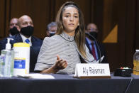 United States Olympic gymnast Aly Raisman testifies during a Senate Judiciary hearing about the Inspector General's report on the FBI's handling of the Larry Nassar investigation on Capitol Hill, Wednesday, Sept. 15, 2021, in Washington. Nassar was charged in 2016 with federal child pornography offenses and sexual abuse charges in Michigan. He is now serving decades in prison after hundreds of girls and women said he sexually abused them under the guise of medical treatment when he worked for Michigan State and Indiana-based USA Gymnastics, which trains Olympians. (Graeme Jennings/Pool via AP)